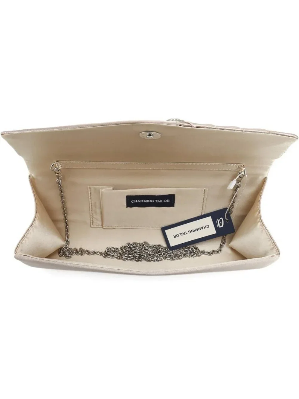 Women's Champagne Crystal Embellished Pleated Satin Clutch Purse For Evening Bag